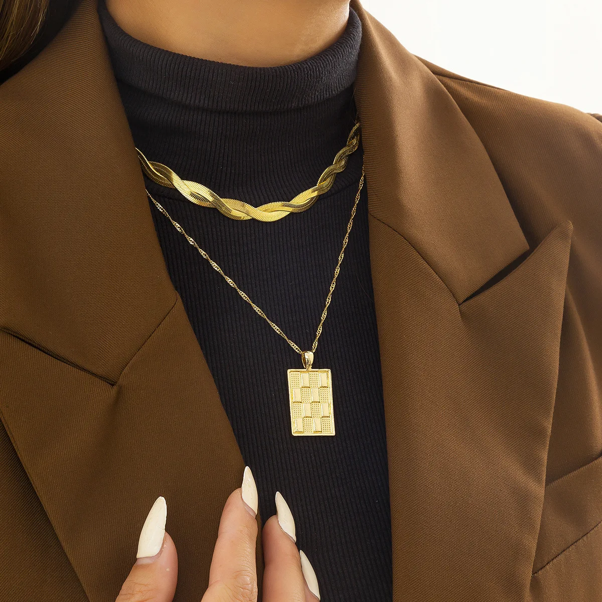 Accessories, hip-hop retro snake bone chain necklaces, women's cold style checkerboard metal tag necklaces