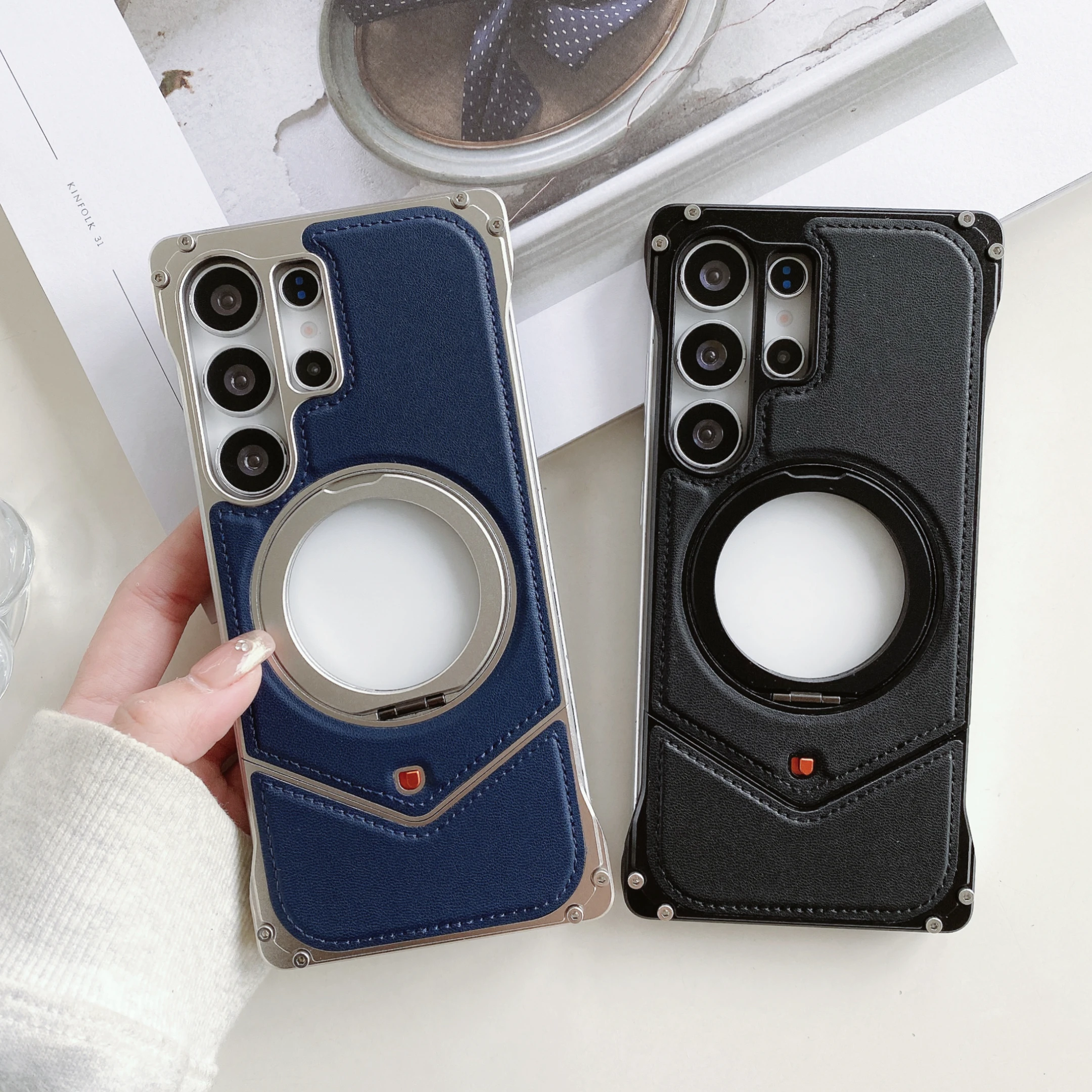

PU Leather Hard Cover For Phone Case for Samsung S25 Ultra S24 S23 Rotating Bracket Magnetic Wireless High-end Phone Case Metal