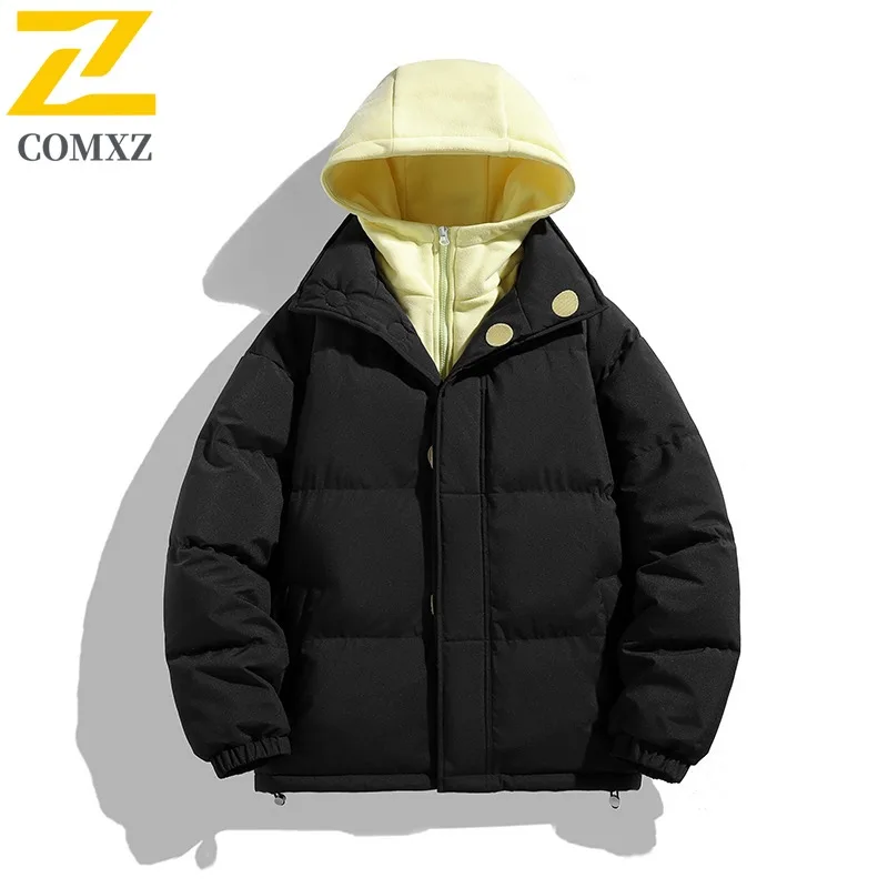 COMXZ 2025 Winter Fashion Loose Fit Color Block High Neck Hooded Cotton Jacket Windproof Warm Unisex Couple tactics windbreaker