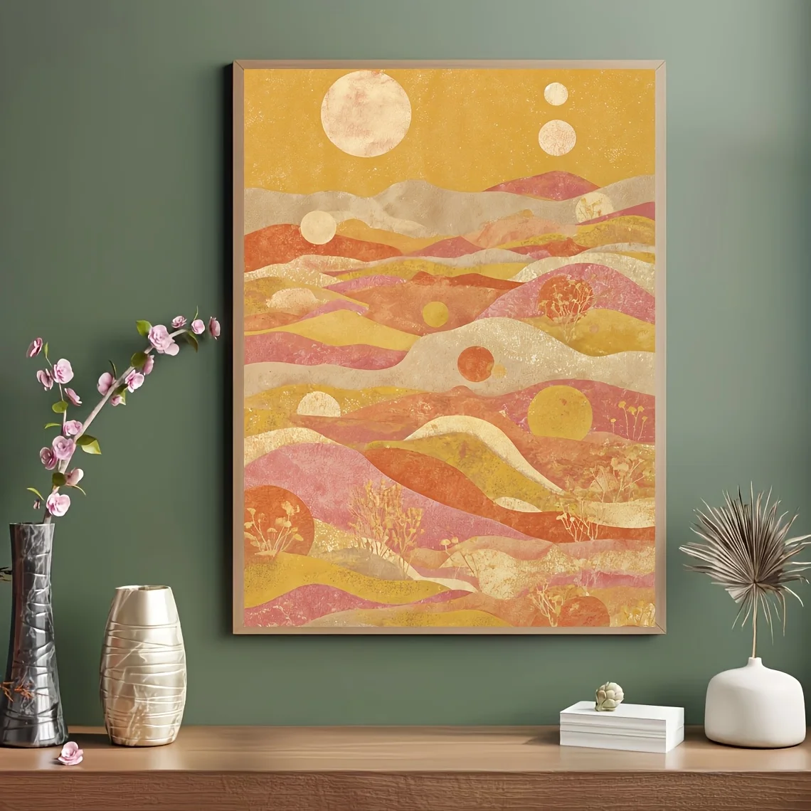 2D Flat, 2D Flat, 1pc, No Frame, Multi-Size, Frameless, Universe Desert Landscape Art Print, Retro Sun And Planets Satellite,