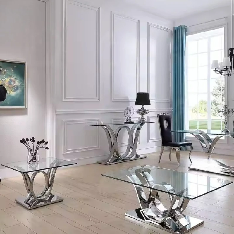 

Stainless steel living room coffee table creative tempered glass coffee table TV cabinet combination small apartment household