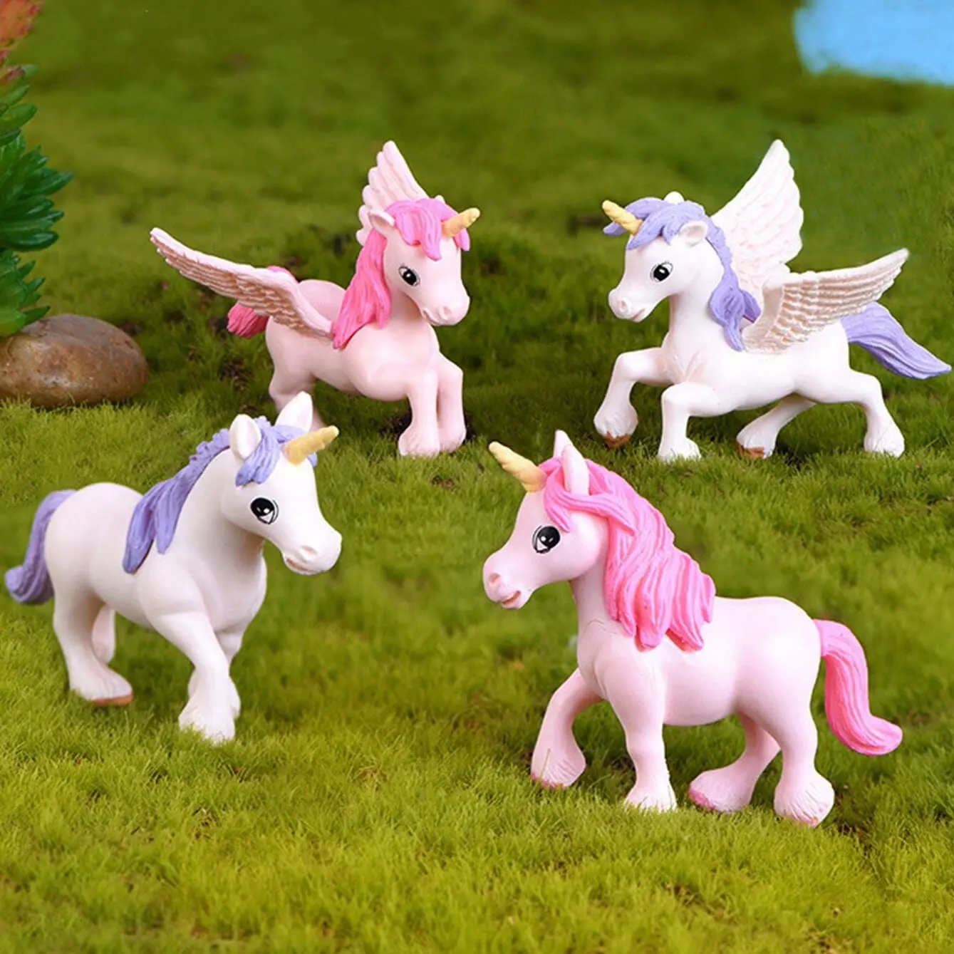 4 Stück/1 Stück Einhorn-Kuchenaufsatz, Miniatur-Pegasus-Regenbogenfigur, Mädchen-Frau, Engelsflügel, Geburtstag, Hochzeitstorte, Dekoration – Detail 2