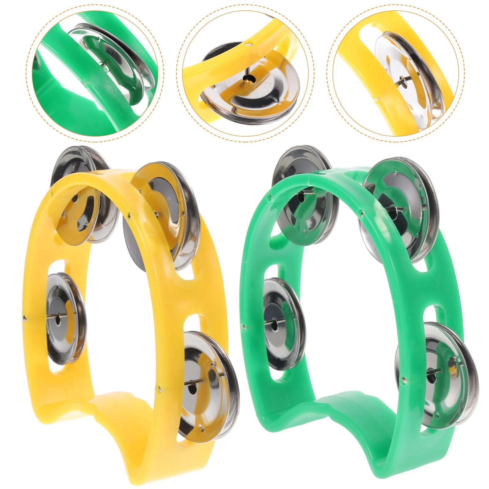 

2Pcs Hand Jingle Tambourine Percussion Instrument Plastic Half Moon Cutaway Handle Kids Music Party Band Orchestra Rhythm