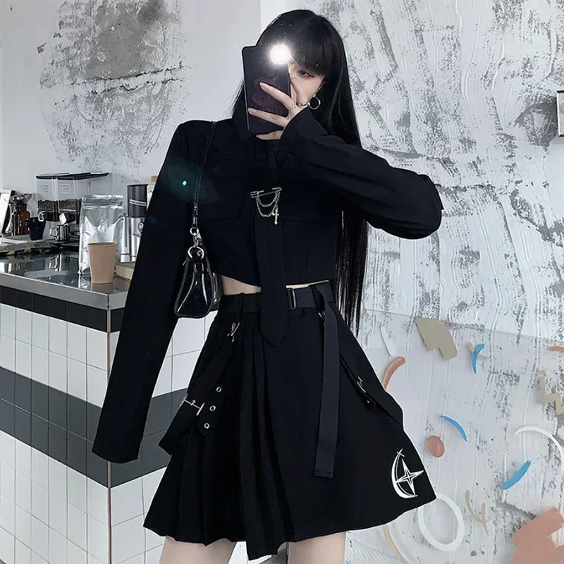 Gothic Black Punk Emo Two-Piece Skirt Spring Y2K Alt Clothes Kpop JK Uniform Punk Chain Ribbon Skirts Women 2 Piece Suit Female view 6