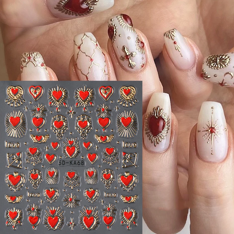 2pcs 3D Heart Sun Star Nail Art Stickers Decals Gold Silver Red Romantic Valentine Adhesive Slider Charms 5D Nail Art Decoration
