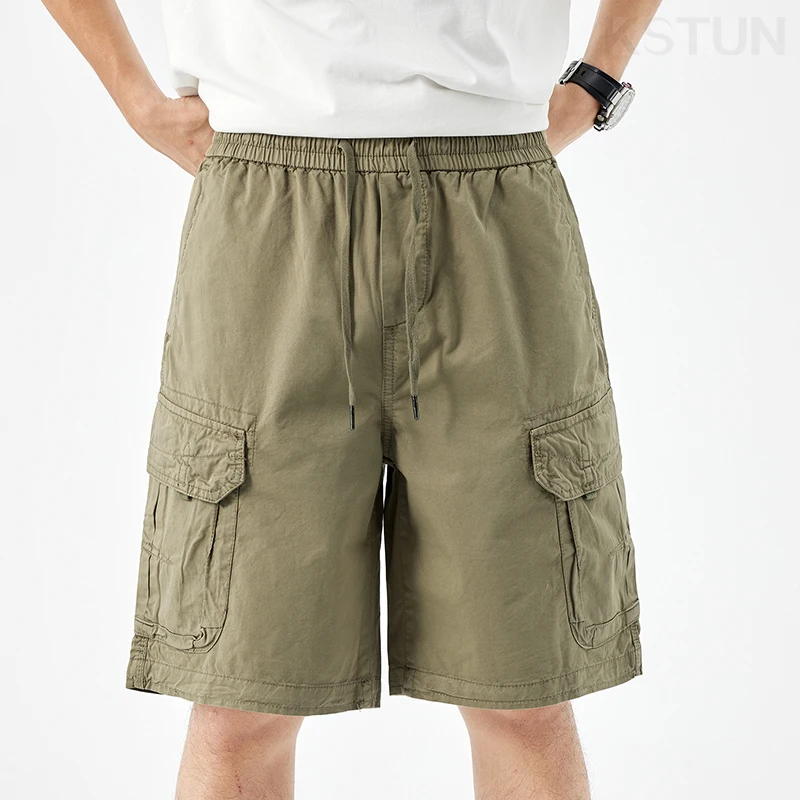 Baggy Shorts  Men Summer Short Pants Green Casual Cargo Shorts Wide Leg Loose Fit Elastic Waist Overalls 100% Cotton New Kpop