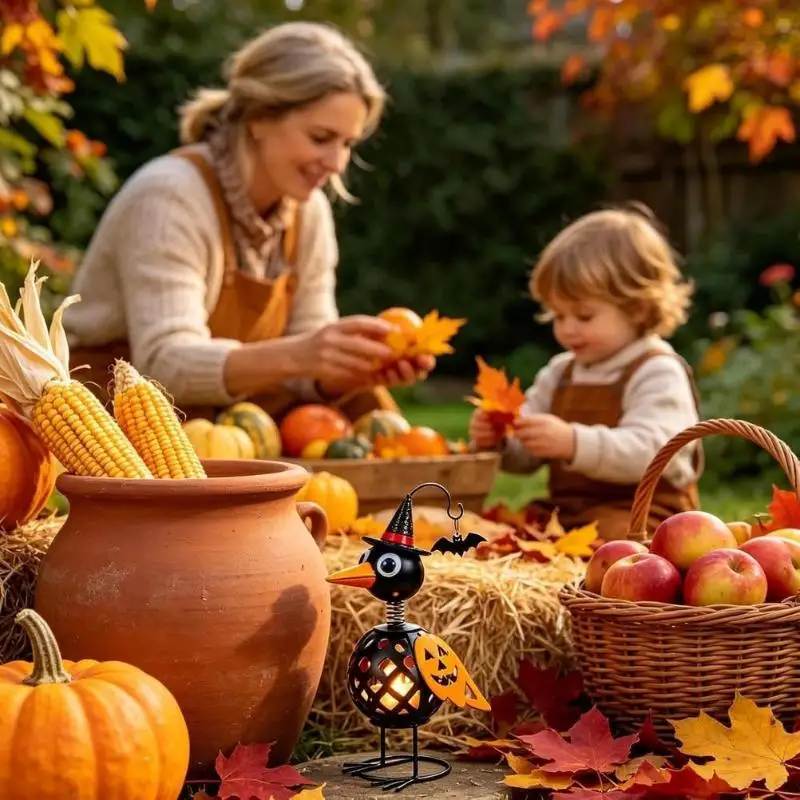 Wrought Iron Crow And Pumpkin Ornament Halloween Candle Holder Metal Bird Decor With Lantern Vintage Jack O Lantern Table Statue
