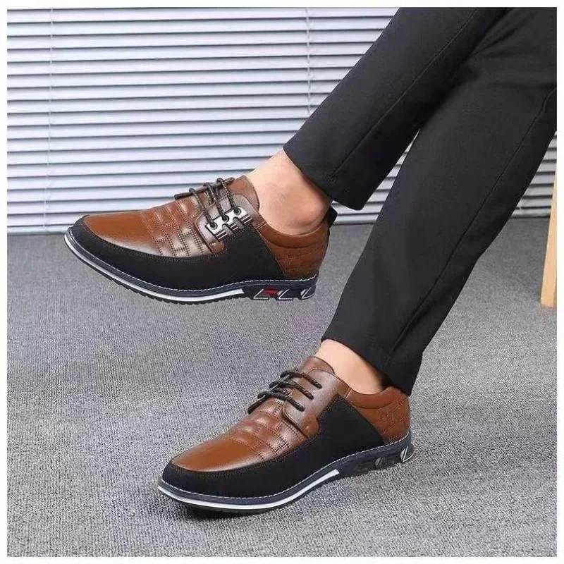 

Men's Casual Leather Shoes Lace-Up Fashionable Versatile Large Size 48 Business Shoes Comfortable Breathable Soft PU Inner