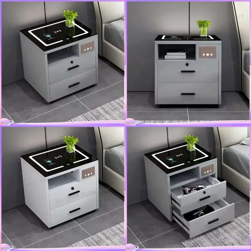 Smart Bedside Table with Wireless Charger USB Socket LED Light Fingerprint Lock Nightstand Modern Bedroom Furniture Storage