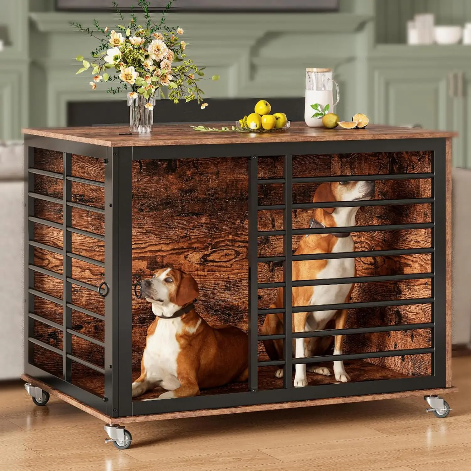 

45 Inch Large Dog Crate Furniture with Flip Top, Heavy Duty Dog Kennel with Wheels, Wooden Dog Cage Table