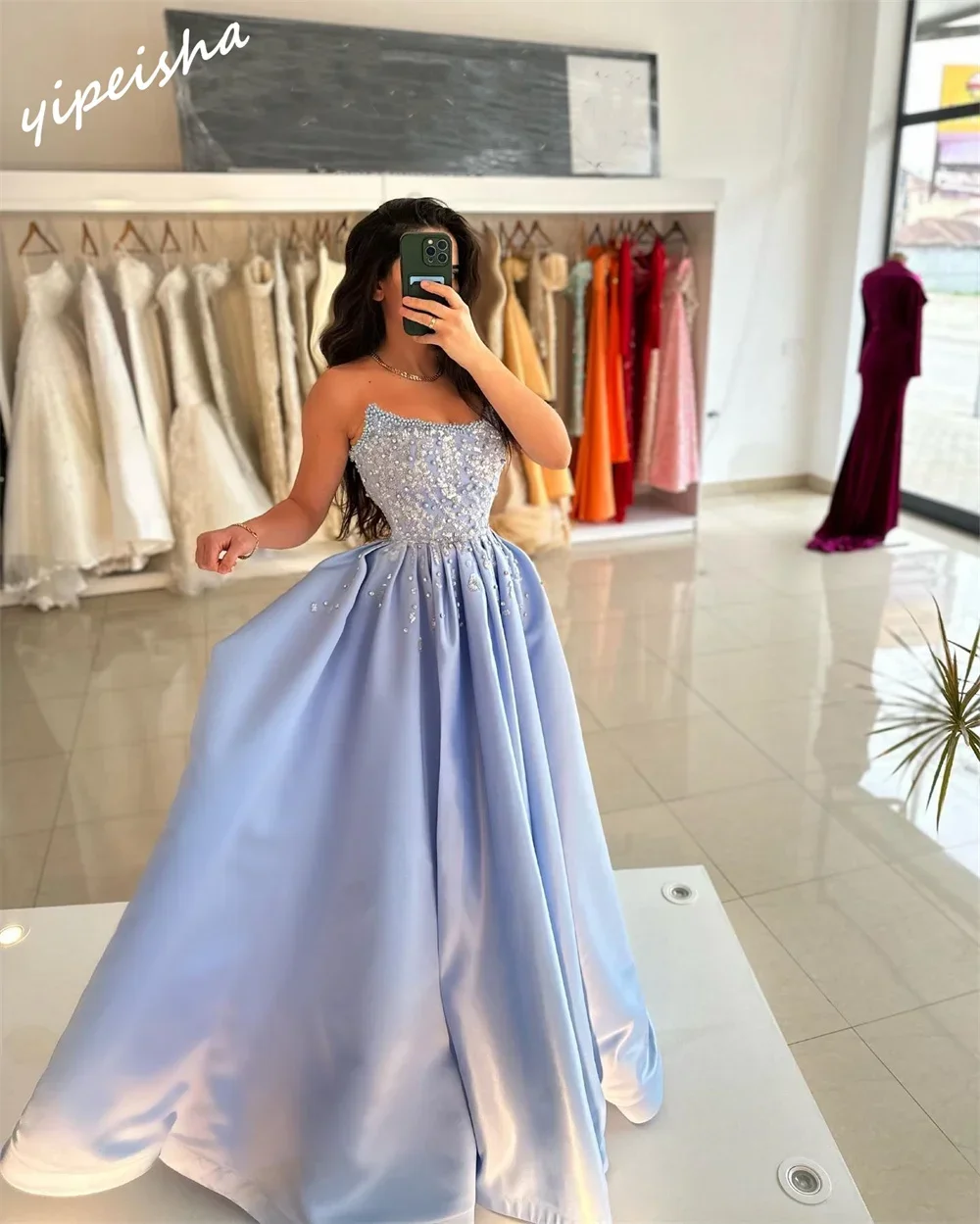 Customized Exquisite Strapless Ball Gown Sweep Dresses Beading Rhinestone Cocktail Dresses Classic