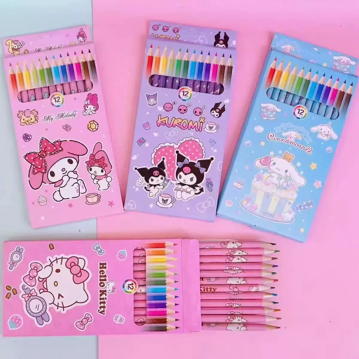 Sanrio 12-Color Cartoon Colored Pencils Set with Hello Kitty My Melody Kuromi - Cute Art Supplies for Kids Drawing