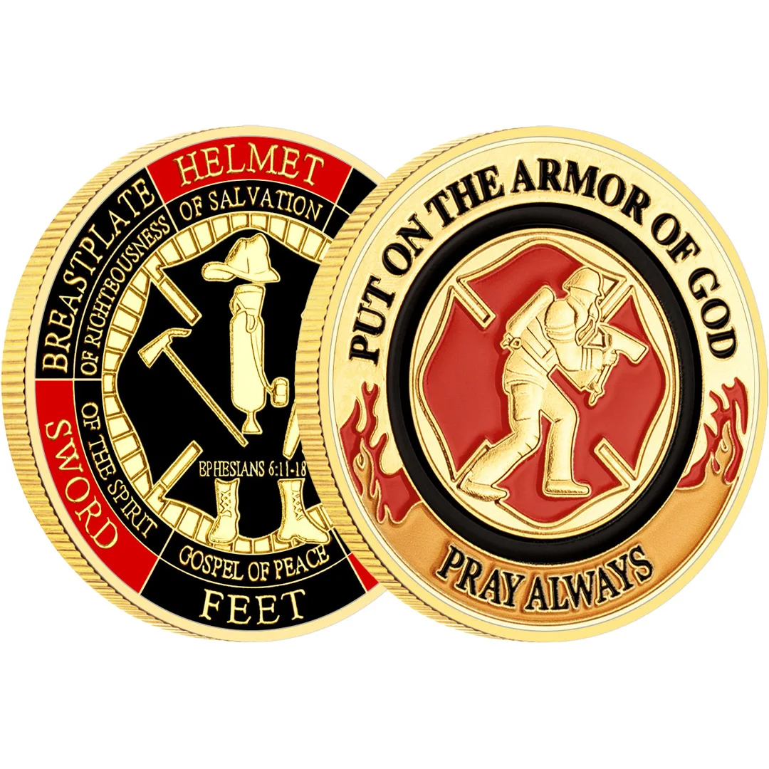 U.S. Firefighter Commemorative Coins Gold Plated Put on The Armor of God Warriors Valor Firefighter Collectible Coin