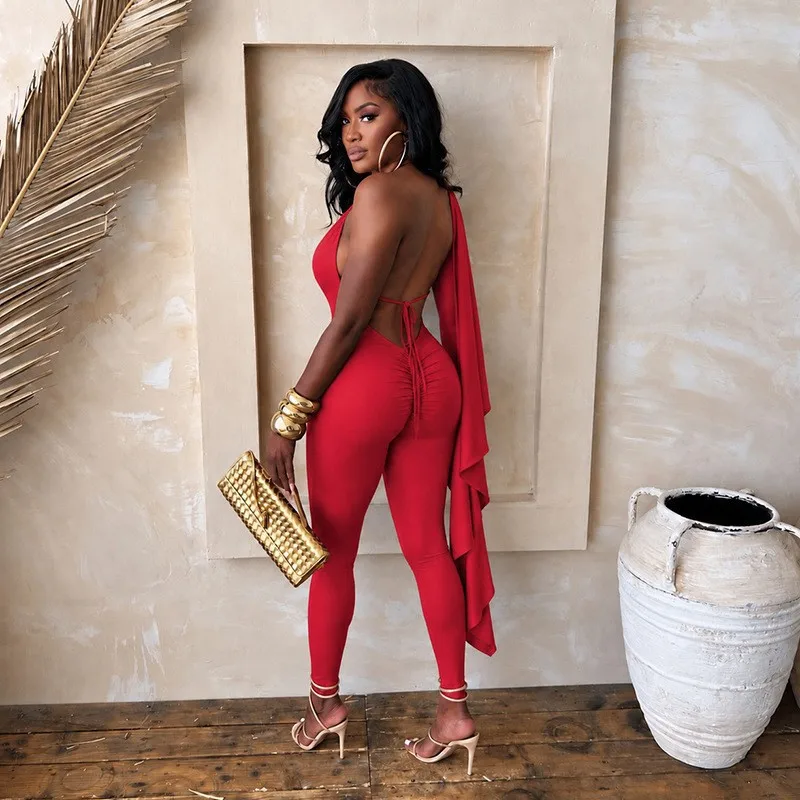 STYLISH LADY Halter Deep V Jumpsuit One Draped Flare Sleeve Backless Ruched Bodycon Skinny Jumpsuits Sexy Club Party Outfit