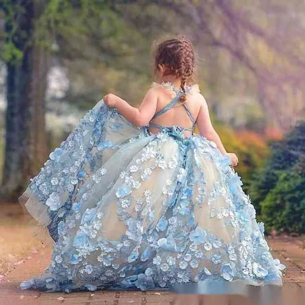 Precioso vestido esponjoso con apliques 3d, sin mangas, sin espalda, vestido de niña de flores, boda, hermosa flor, vestido de baile de comunión infantil