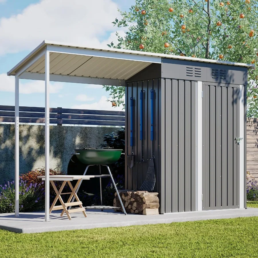 Waterproof 9.6'x2.3' storage shed with gazebo porch for patio use, galvanized steel construction, charcoal gray, rust-resistant