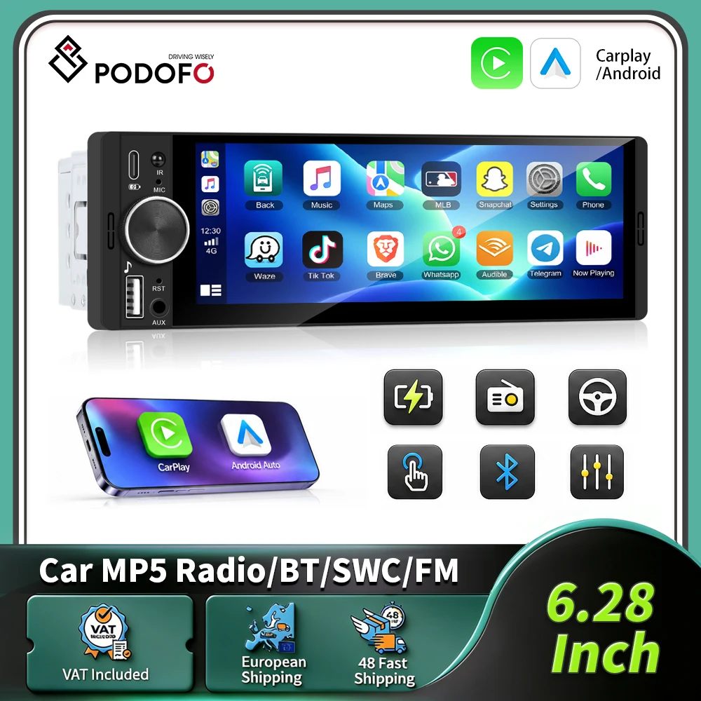 Autoradio Podofo 6,28 pouces 1Din, Carplay sans fil, Android Auto, système intelligent pour voiture, MirrorLink, lecteur MP5 universel pour voiture, écran tactile HD, lecteur multimédia, audio stéréo, EQ, prise en charge BT, USB, caméra de recul, autoradio