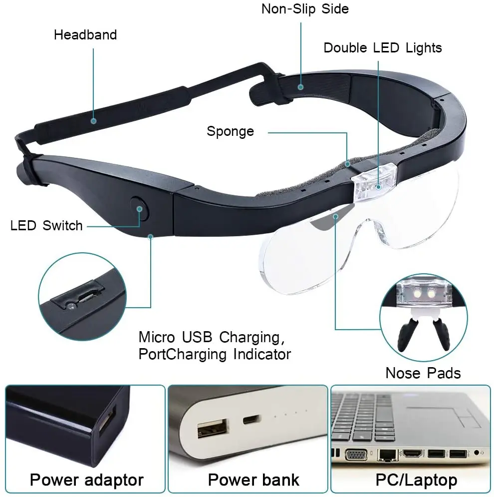 Magnifying Glasses Magnifier 1.5X 2.5X 3.5X 5.0X USB Rechargeable With 2 LED Light For Reading Watchmaker Chip Repair Mirror