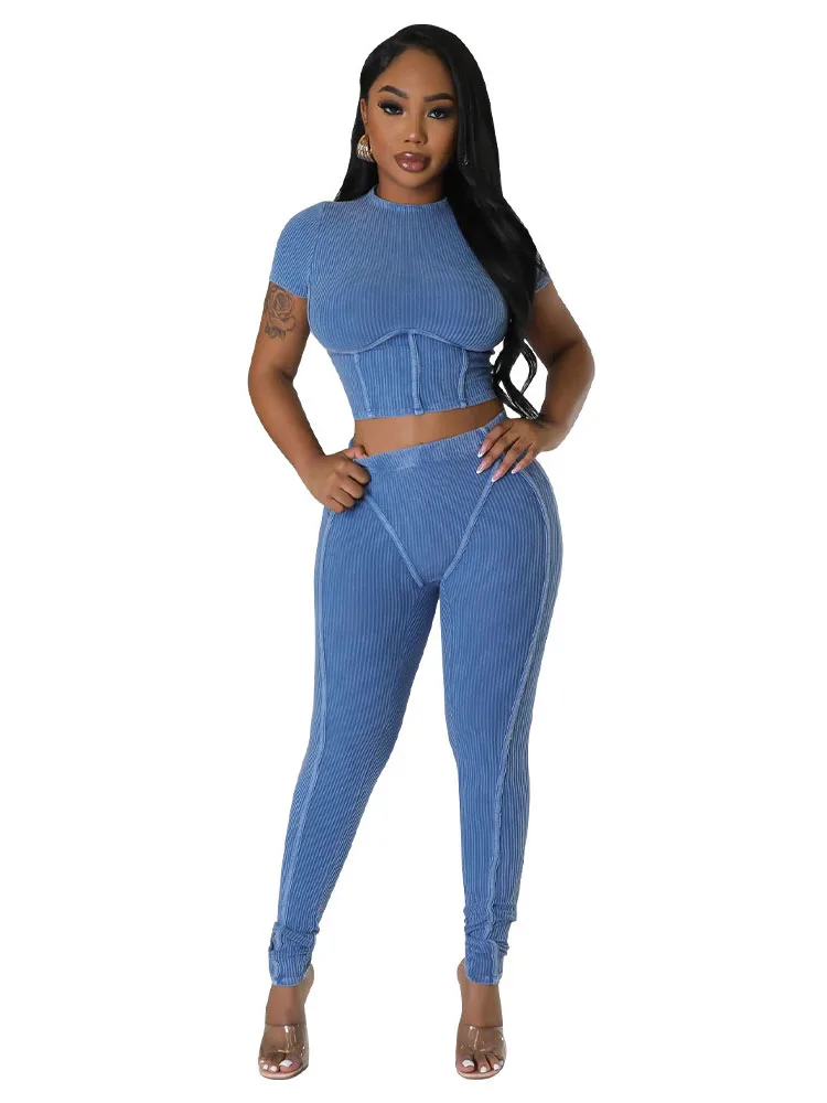 

Szkzk Ribbed Two Piece Outfits Sets For Women Club Wear Short Tops And Long Pants High Waist Party Evening Sexy Bodycon Suit Set