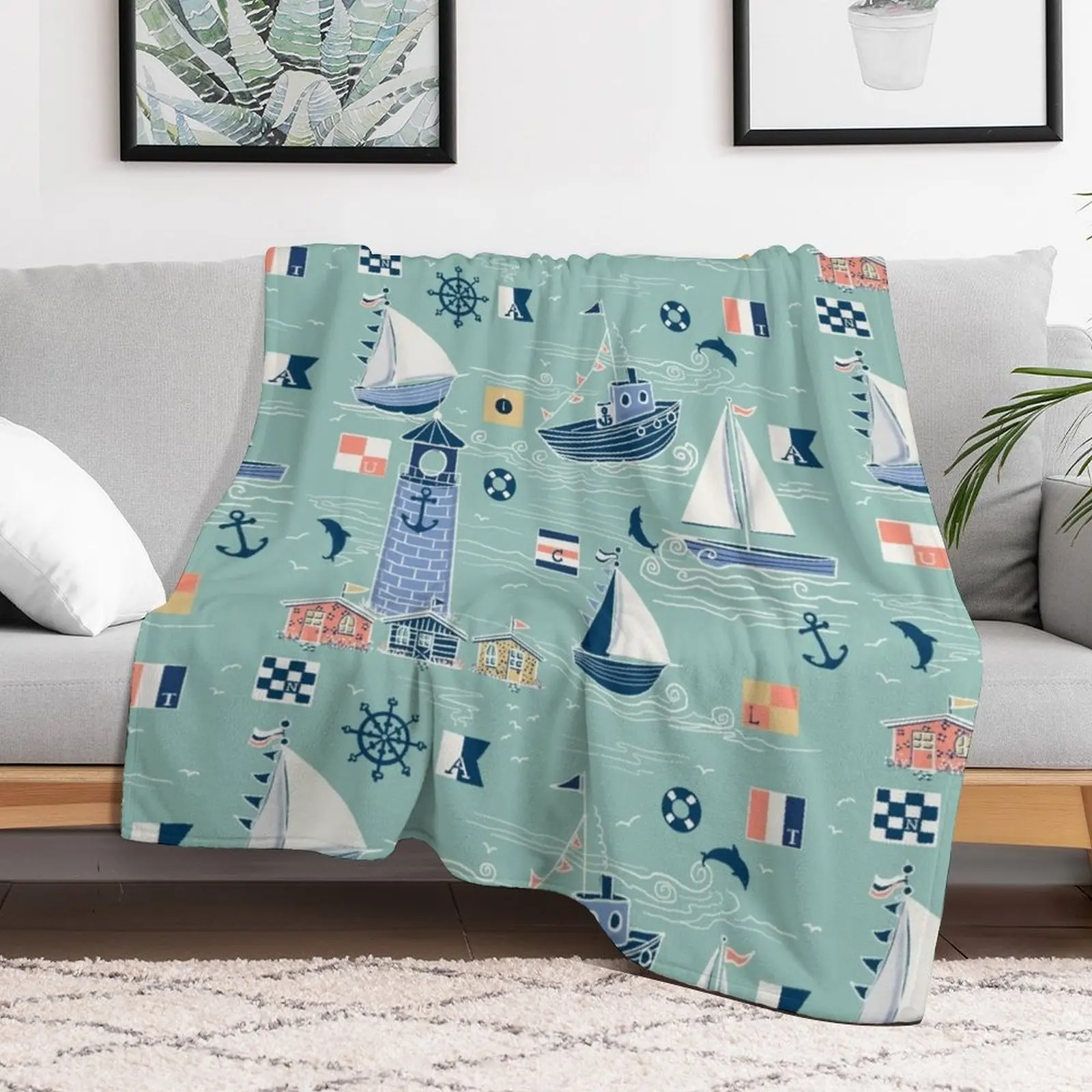 Minty Nautical Living! Throw Blanket Flannel Fabric Furry Flannel Flannels Blankets