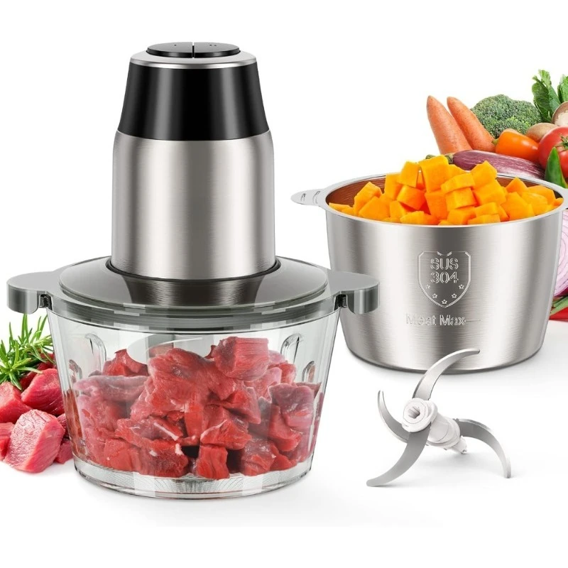 

Electric Food Chopper with Meat Grinder Vegetable Slicer 2x8 Cup Bowls 450W Copper Motor Bi-Level Blades for Fruits Meat