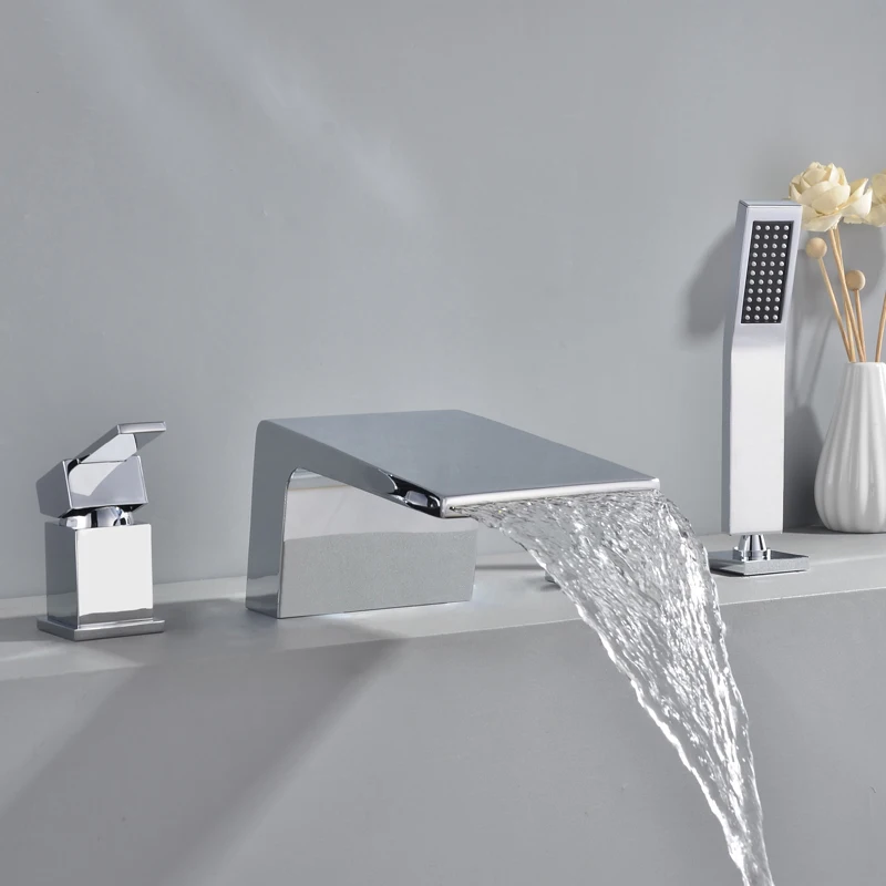 Imagem -03 - Gold Brushed Waterfall Bathtub Faucet Grupo Latão Sólido Preto Buracos Torneira Misturadora de Água Quente e Fria Banheiro Pcs