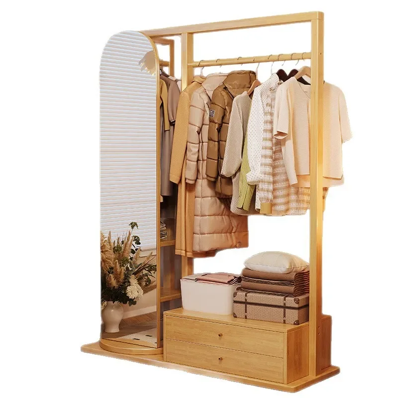 

Solid wood coat rack full-length mirror integrated, floor-to-ceiling bedroom hanger multi-functional storage