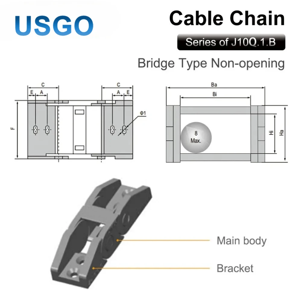 USGO Transmission Cable Chain 10*10 10*15 10*20 Mm 1M Non Snap-Open Plastic Towline Transmission Drag Chain Machine