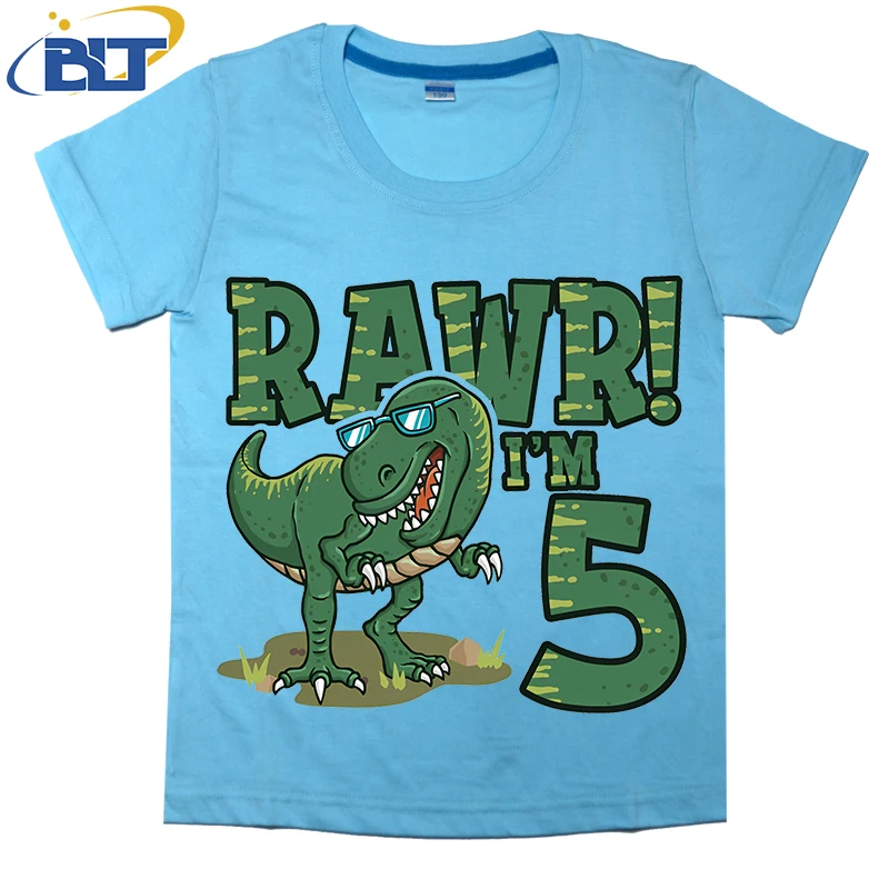 Dinosaur Birthday for 5 Year Old Boy Printed Kids T-shirt Summer Cotton Short Sleeve Casual Tops Suitable for Boys and Girls