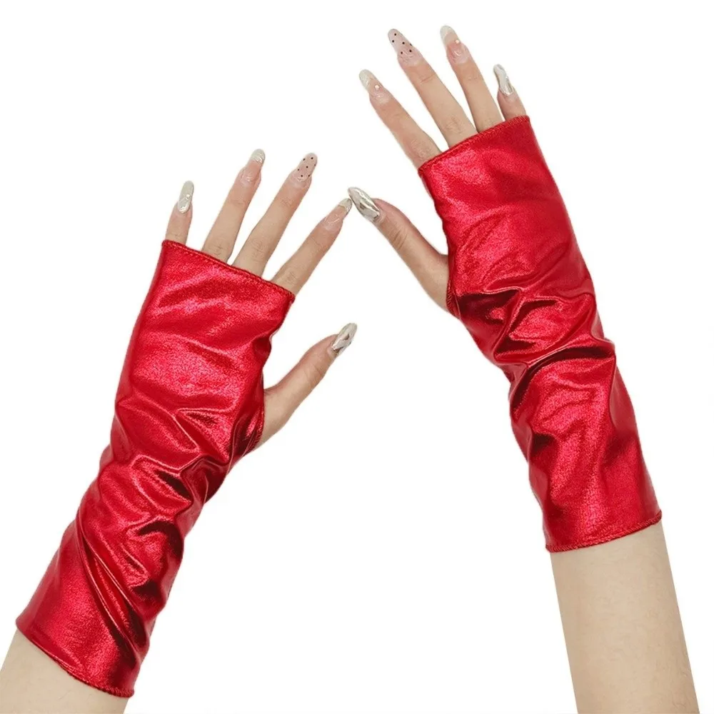 1 Pair Glossy Finish Fingerless Gloves Imitation Leather Punk Style Performance Gloves Sleeve Set Lacquer Leather Gloves