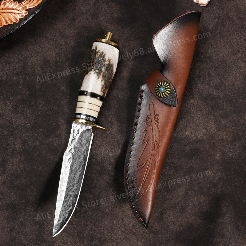 VG10 Damascus Steel Fixed-Blade Knife, Men's Knife, Natural Antler Handle, Ideal for Outdoor Camping, Hiking, and as an EDC Tool view 5