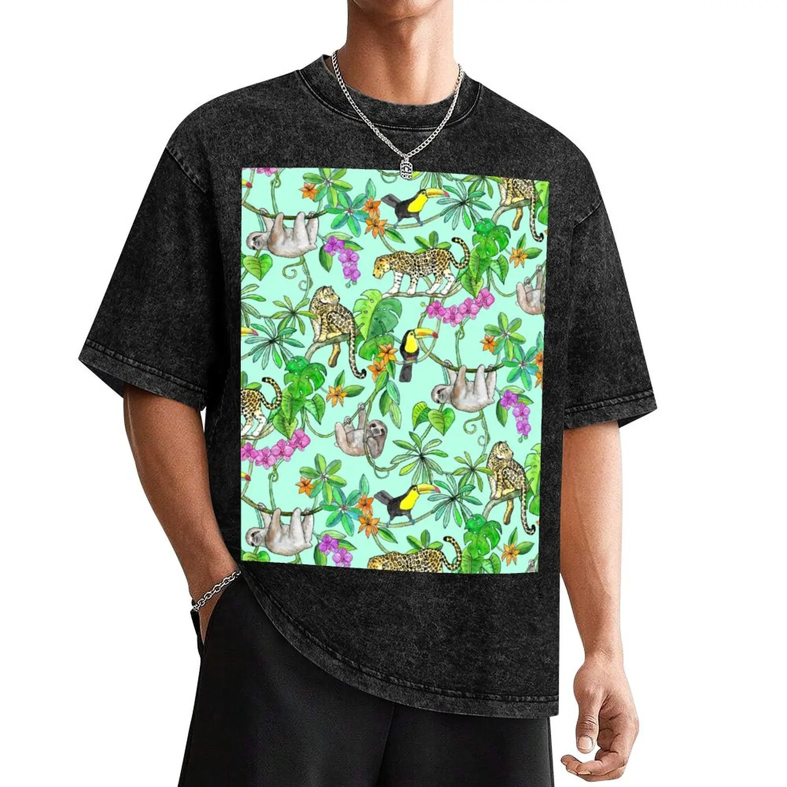 

Rainforest Friends - watercolor animals on mint green T-Shirt Clothing sublime t shirt men