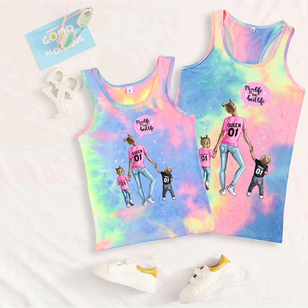 Super Mom Life Print Mommy and Me  Tie Dye Vest Adult and Kids Matching Tie Dye Tank Top Fashion Family Look Mother Kids Clothes