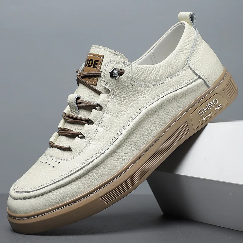 Top layer cowhide casual white shoes spring new lace up men's shoes soft board shoes thick sole simple real leather shoes men