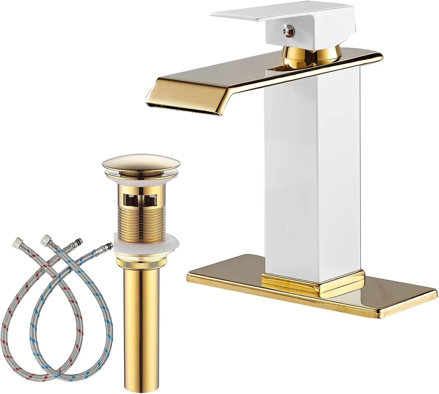 

Gold Waterfall Spout Single Handle Bathroom Sink Faucet with Pop-Up Drain and Deck Plate