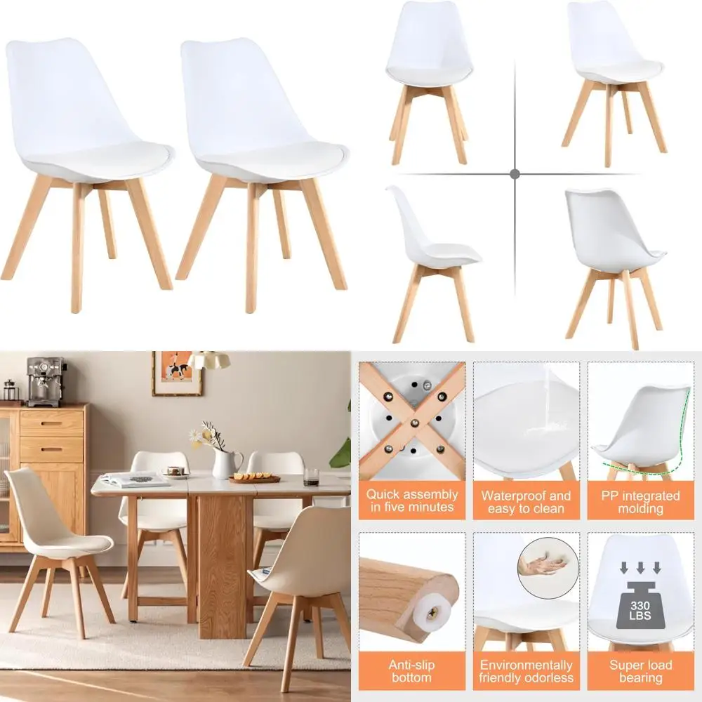 mid century modern dining chairs: ergonomic shell lounge plastic side chairs with cushioned seats and wooden legs for dining and