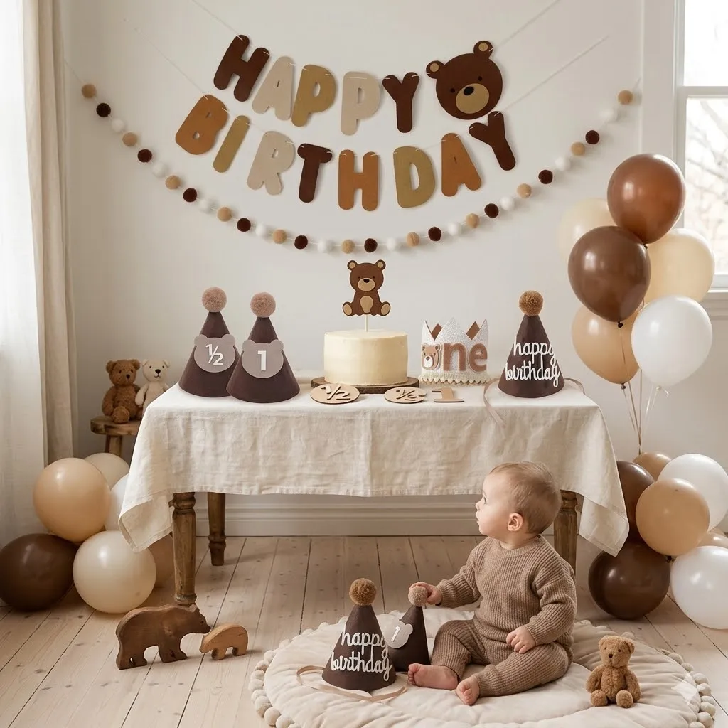 Décorations de fête Ours en feutre style bohème, Bannière Joyeux Anniversaire, Chapeau d'anniversaire 1-3 ans, Ensemble de ballons en aluminium, Fournitures pour baby shower thème forêt