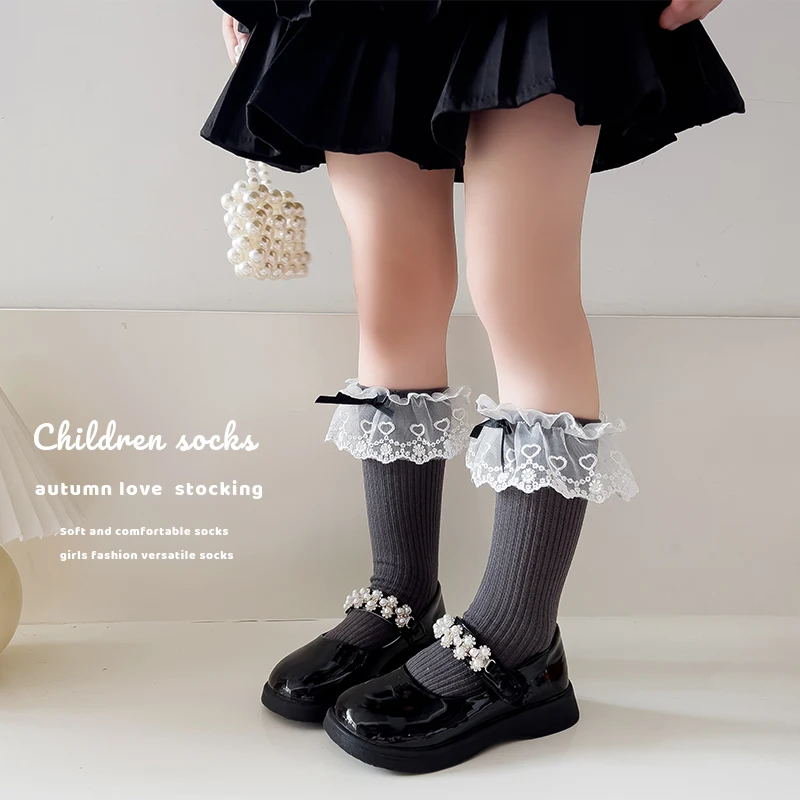 Lovely Girls Lolita Long Tube Socks Black Satin Ribbon Bow Embroidery Lace Ruffle Trim Soft Elastic Breathable Princess Hosiery