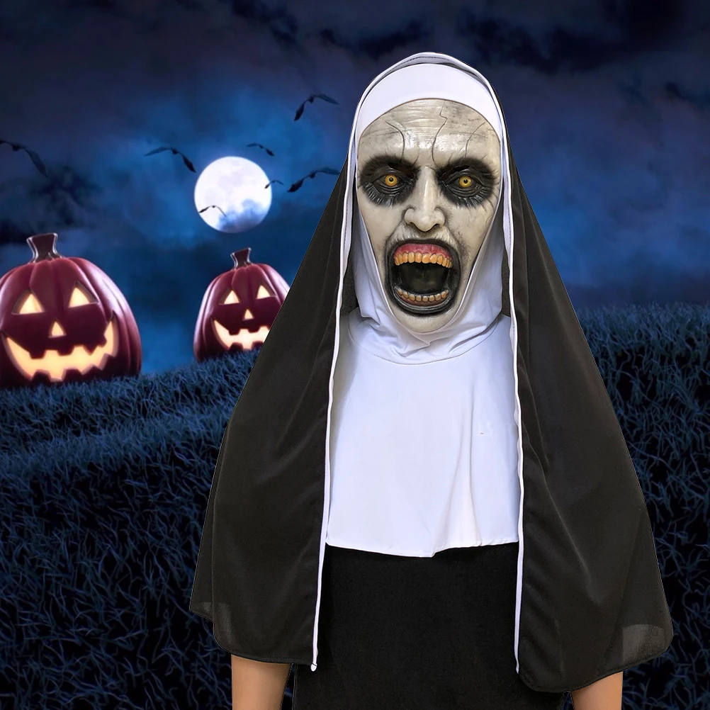 

D5 Halloween Costume Nun Horror Mask Cosplay Scary Latex Masks With Headscarf Full Face Helmet Halloween Party Decoration Props