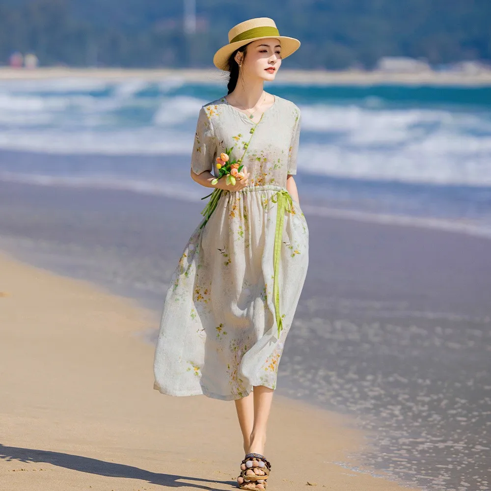 2024 Estate Nuovo Retro A Vita Alta Stampa di Canapa Dr Or Sve Con Cintura Artistica delle Donne Faionable Casual Busin Home Wear