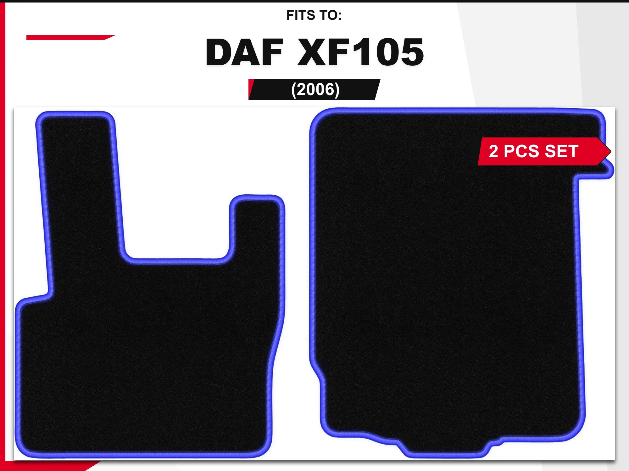 Velours vloermatten voor: DAF XF105 2006, 2 stuks. Zwart-blauwe passende autovloermatten, set