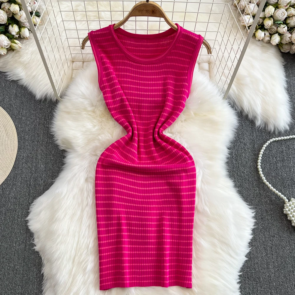 Lady Stripes Knitted Bodycon Tank Office Dress Summer Slim Elastic Sexy Package Hips Party Dress Women Outfits Vestidos