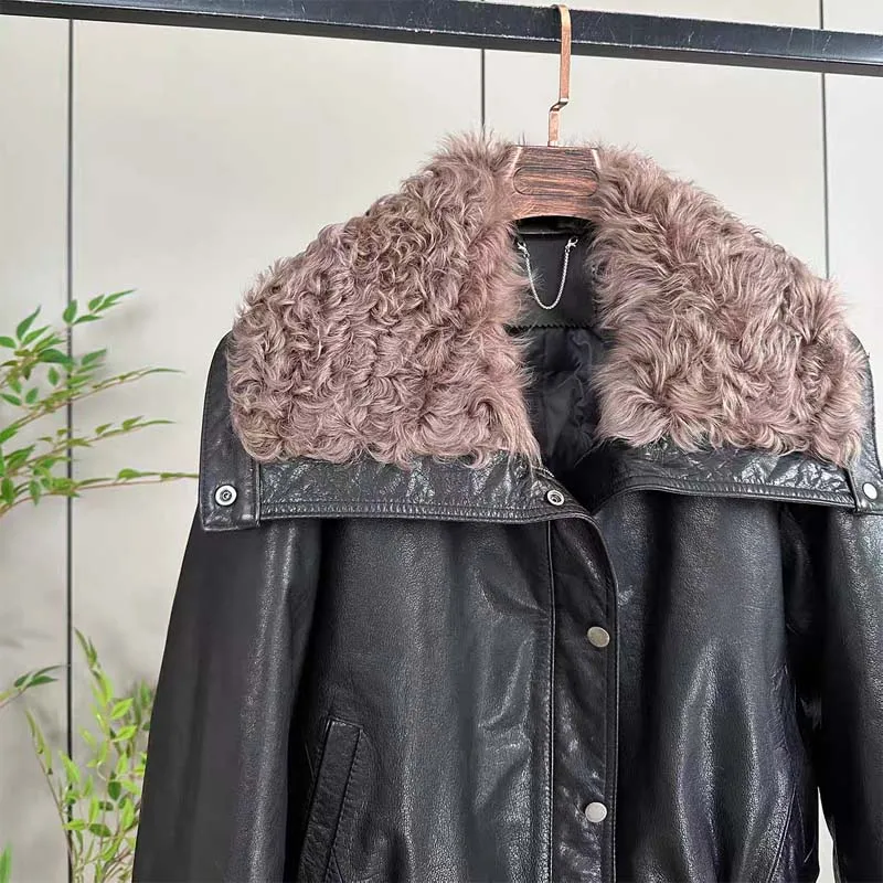 cappotto da donna invernale Piumino in pelle spesso caldo di alta qualità corto collo in vera pelliccia di lana vera pelle di pecora
