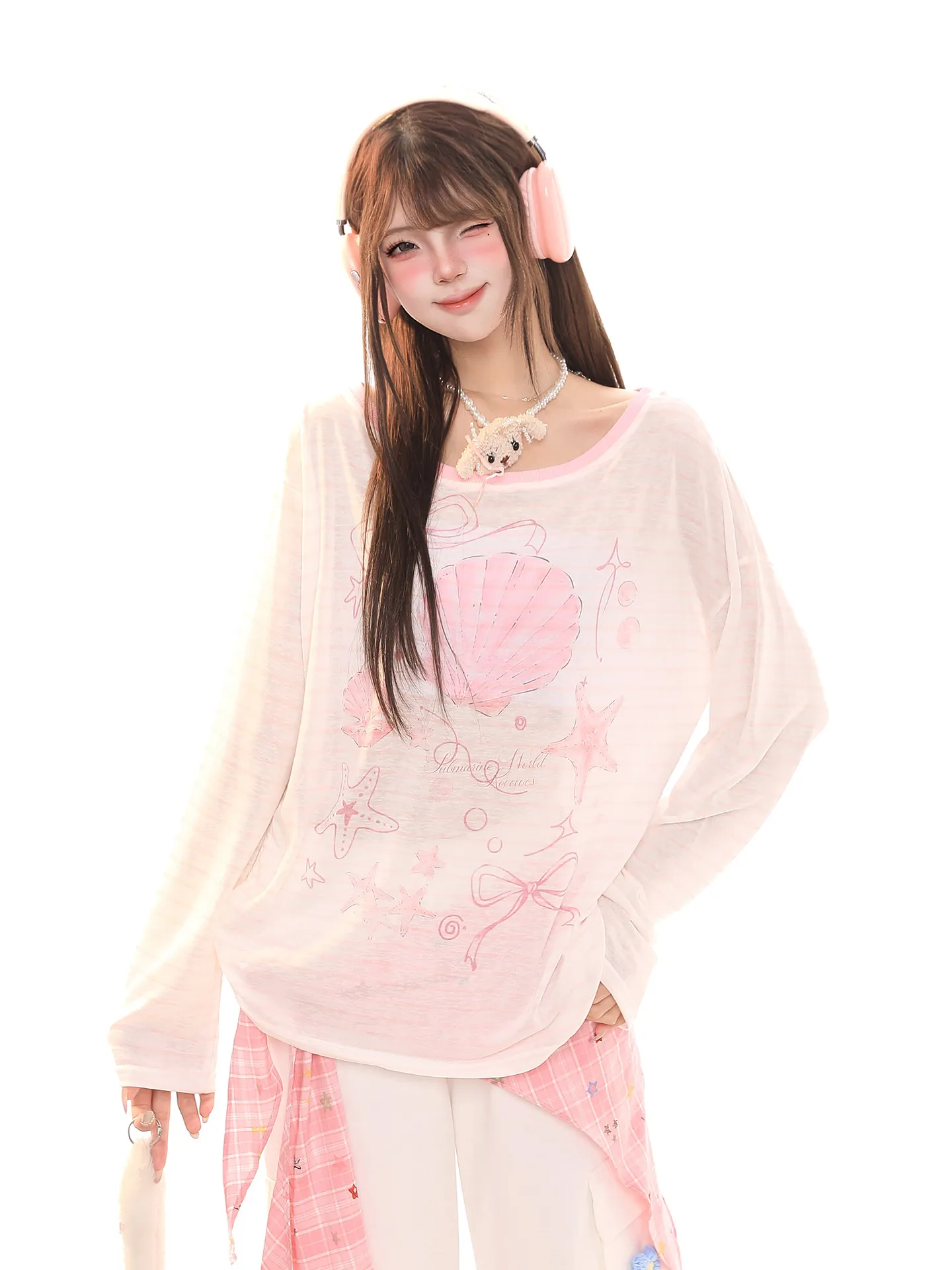 Sweet Cute Cartoon Print Long Sleeve Cover up T-Shirt Women's Spring Lazy Casual Anti Aging Shoulder Bared Top Standard Fit