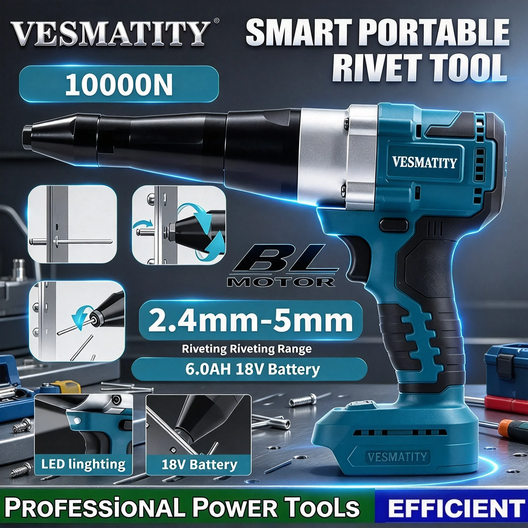 Vesmatity Electric Rivet Gun LED Cordless Multifunctional Rivet Nut Gun Automatic Riveting Brushless Tool for 18V Battery Pro