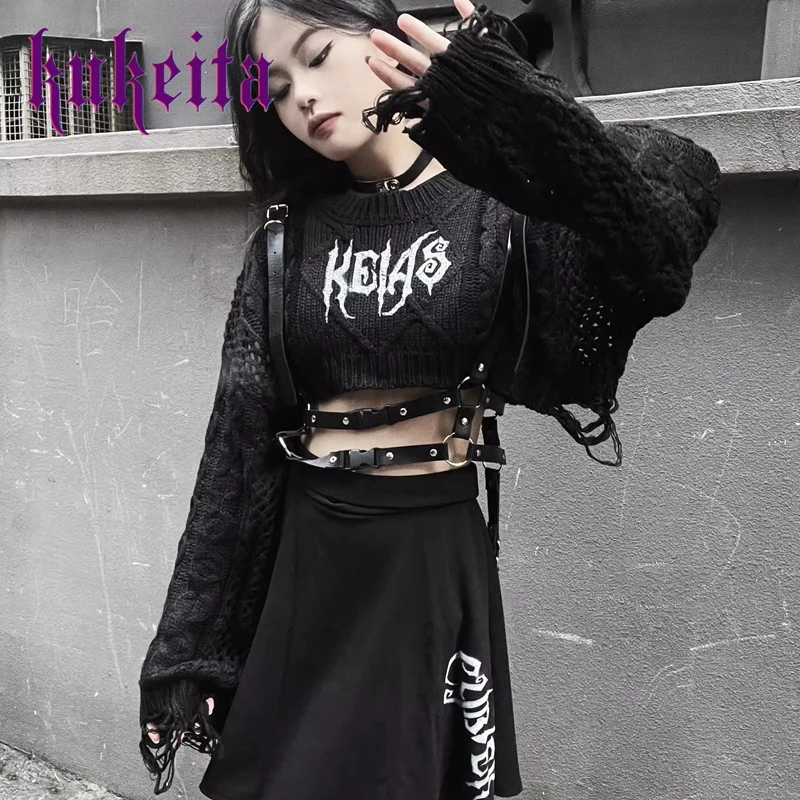 Gothic Sweater Women Hole Knitted Grunge O-neck Print Pullovers Punk Loose Jumper Harajuku Alternative Clothing Emo Y2K Crop Top