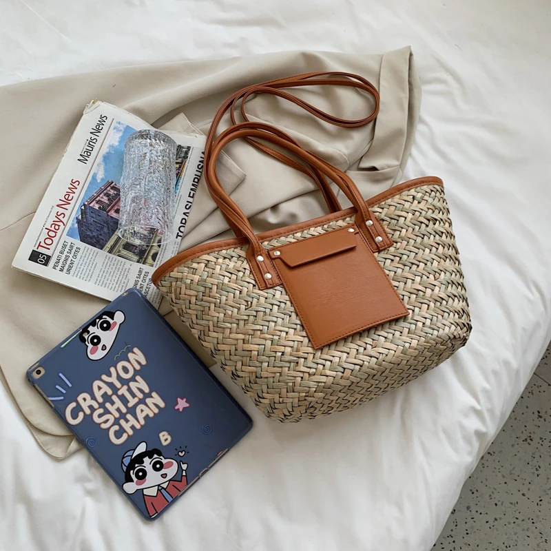 Mode Grote Capaciteit Rotan Tote Vrouwen Designer Rieten Geweven Schouder Crossbody Tas Vrouw Luxe Zomer Strandtas Grote Portemonnee