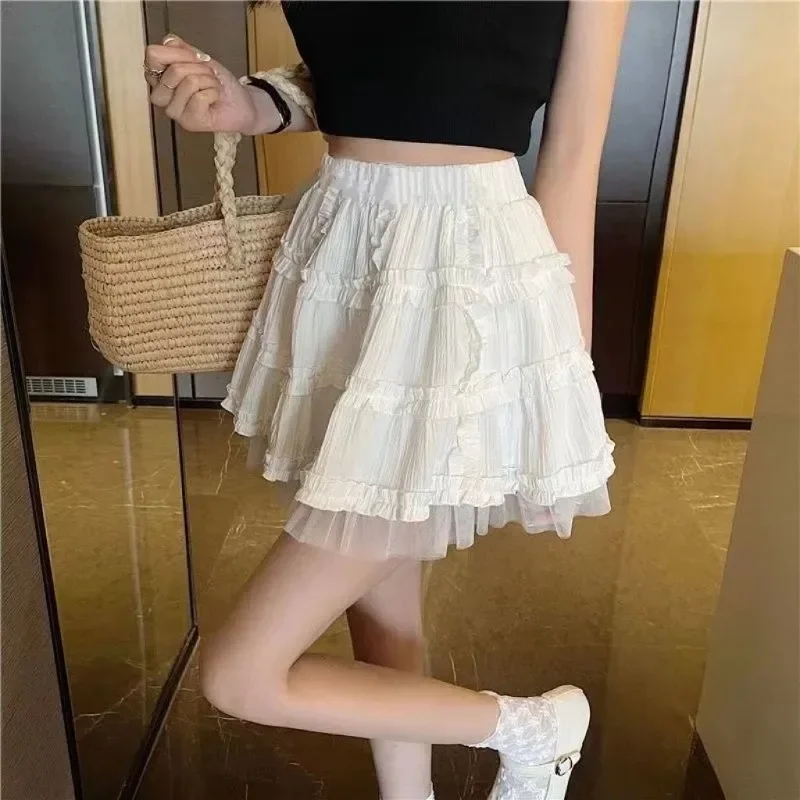 

Korean Sweet Skirts Women High Waist A-line Gauze Jupe 2024 Faldas Mujer De Moda Japanese Cute Ruffles Gauze Mini Skirt 7m660