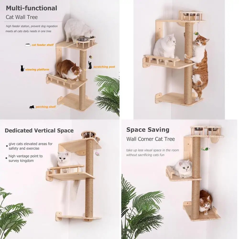 

3-Tier Wooden Corner Cat Tree with Feeding Area, 36 Indoor Play Tower for Kitten Climbing and Perching