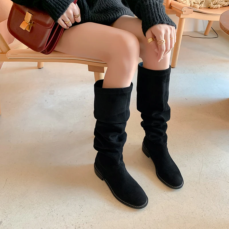 Taoffen Women Knee-high Boots Warm Suede Fashion Pleated Low Chunky Heel Lady Flat Shoes Autumn Daily Footwear Female Long Boots